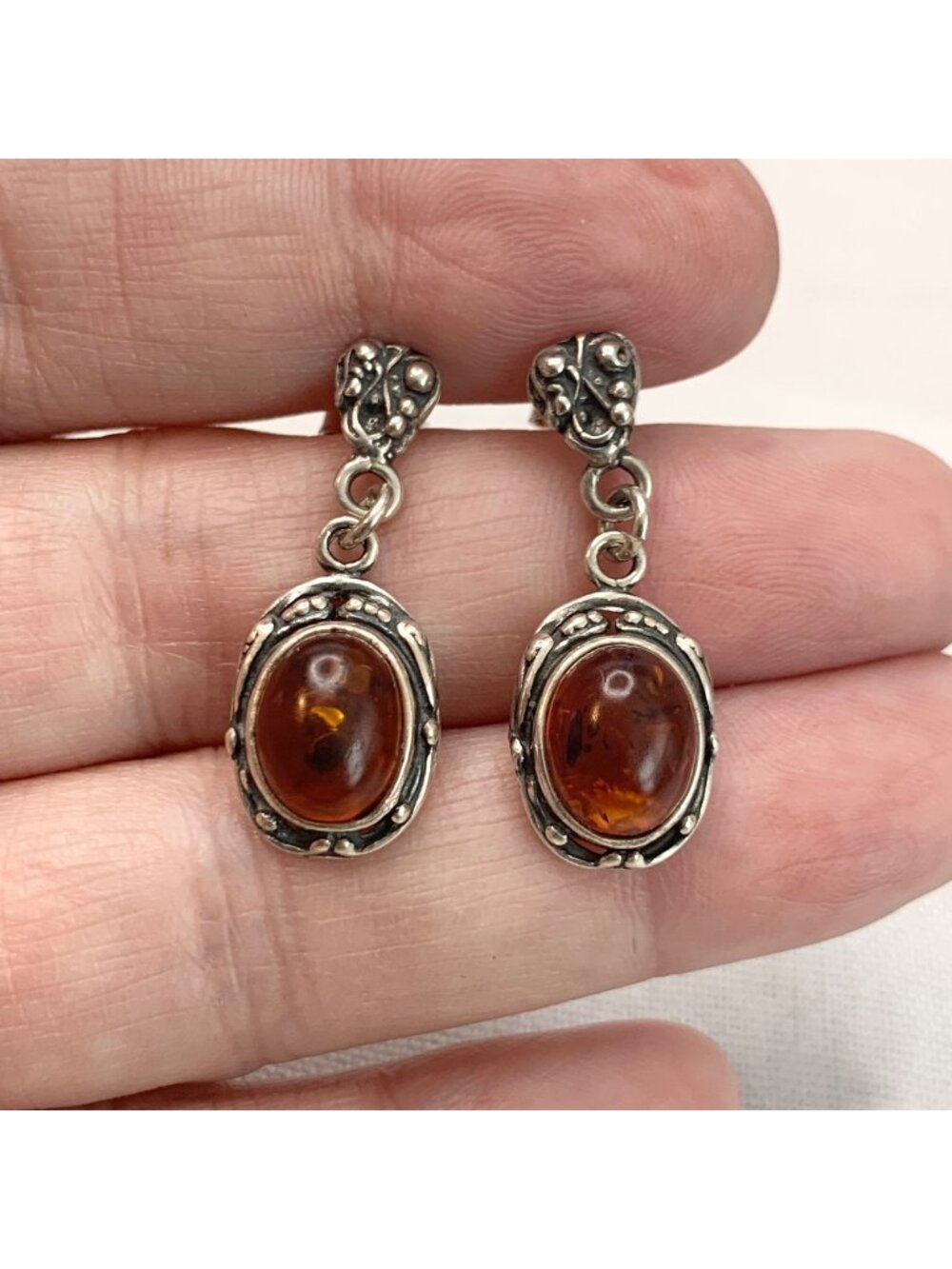 Amber & Sterling Silver 925 Bezel Set Scroll Design Dangle Earrings 1.25''